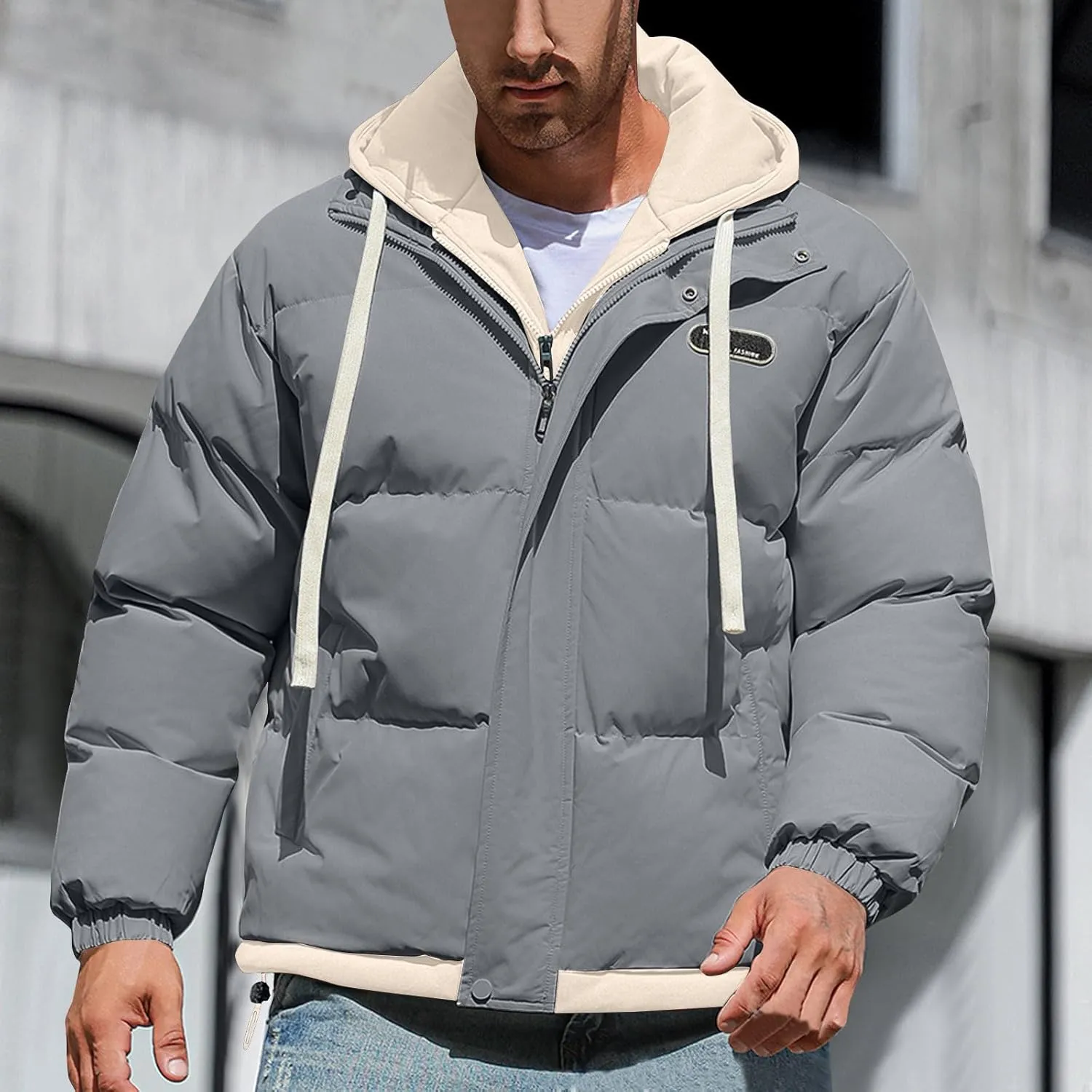 Mens Winter Puffer Jacket Hooded Down Coats Cotton Padded Warm Windproof Outerwear with Pockets