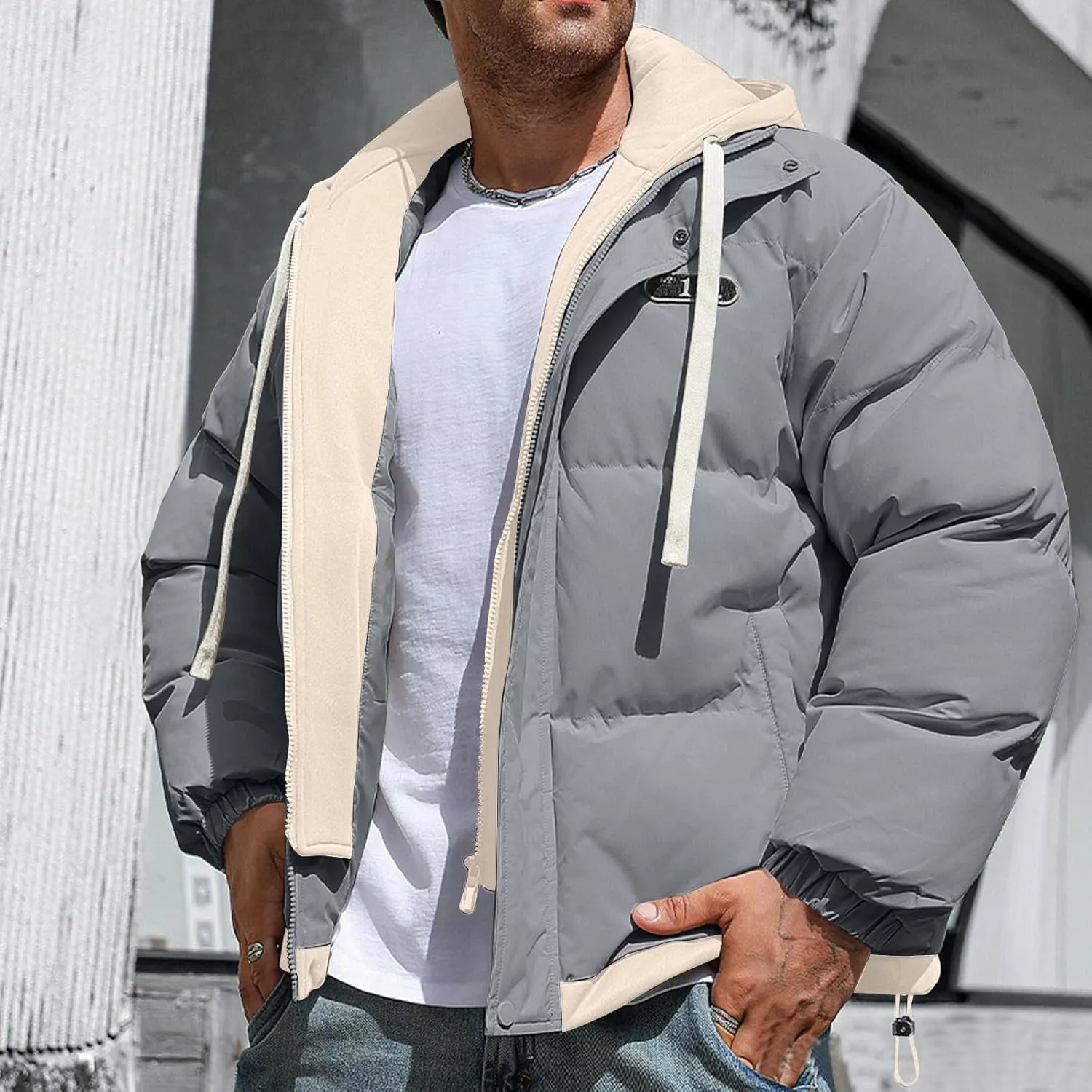 Mens Winter Puffer Jacket Hooded Down Coats Cotton Padded Warm Windproof Outerwear with Pockets