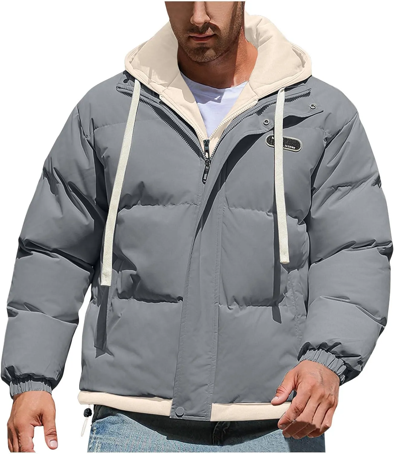 Mens Winter Puffer Jacket Hooded Down Coats Cotton Padded Warm Windproof Outerwear with Pockets