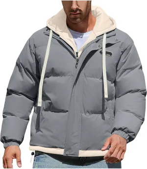 Mens Winter Puffer Jacket Hooded Down Coats Cotton Padded Warm Windproof Outerwear with Pockets