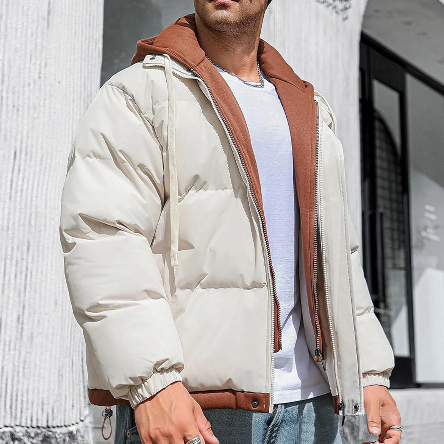 Mens Winter Puffer Jacket Hooded Down Coats Cotton Padded Warm Windproof Outerwear with Pockets