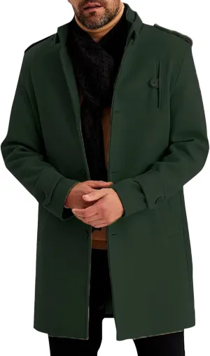 Men's Winter Single Breasted Long Jacket Wool Blend Notched Collar Trench Overcoat with Pockets