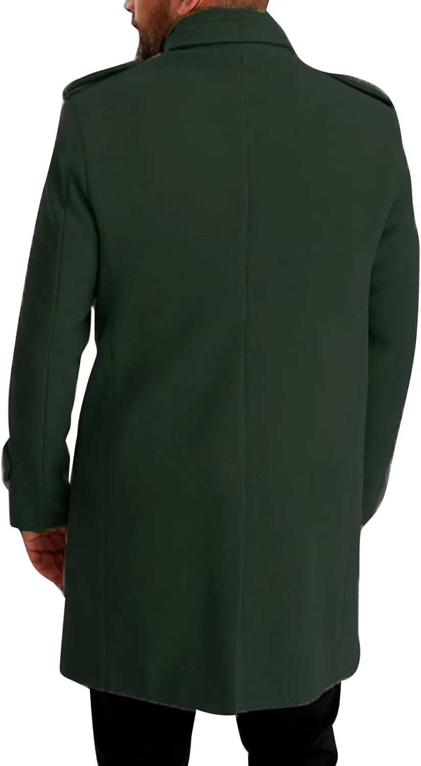 Men's Winter Single Breasted Long Jacket Wool Blend Notched Collar Trench Overcoat with Pockets