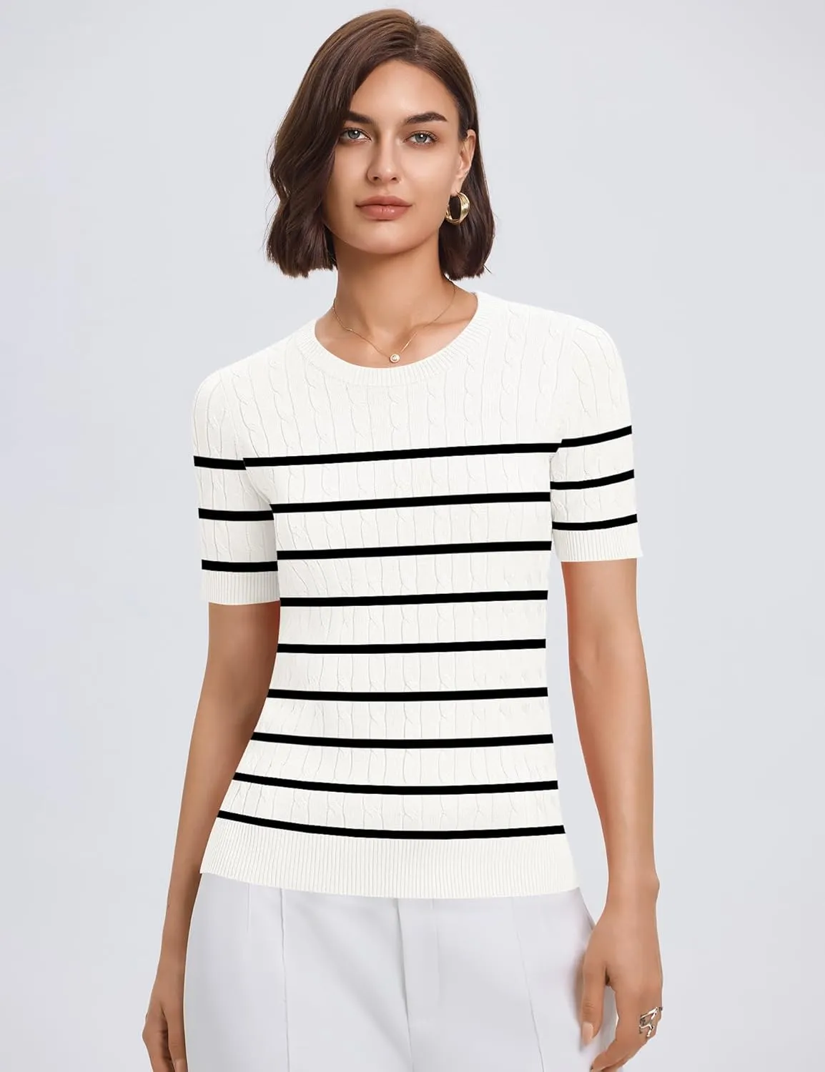 Micoson Womens Short Sleeve Cable Knit Sweater Tops Crewneck Lightweight Spring Summer Shirts Business Dressy Casual Outfits