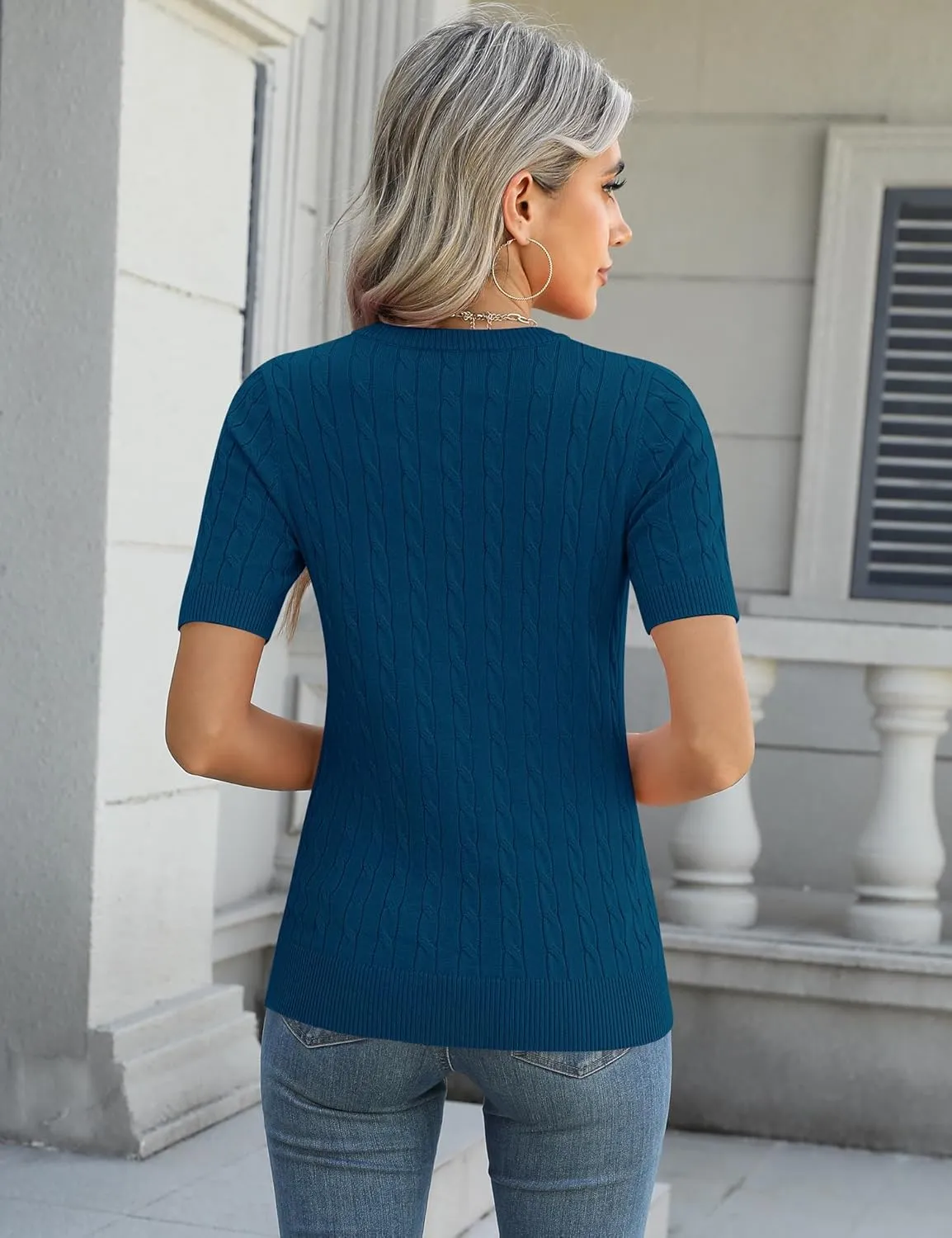 Micoson Womens Short Sleeve Cable Knit Sweater Tops Crewneck Lightweight Spring Summer Shirts Business Dressy Casual Outfits