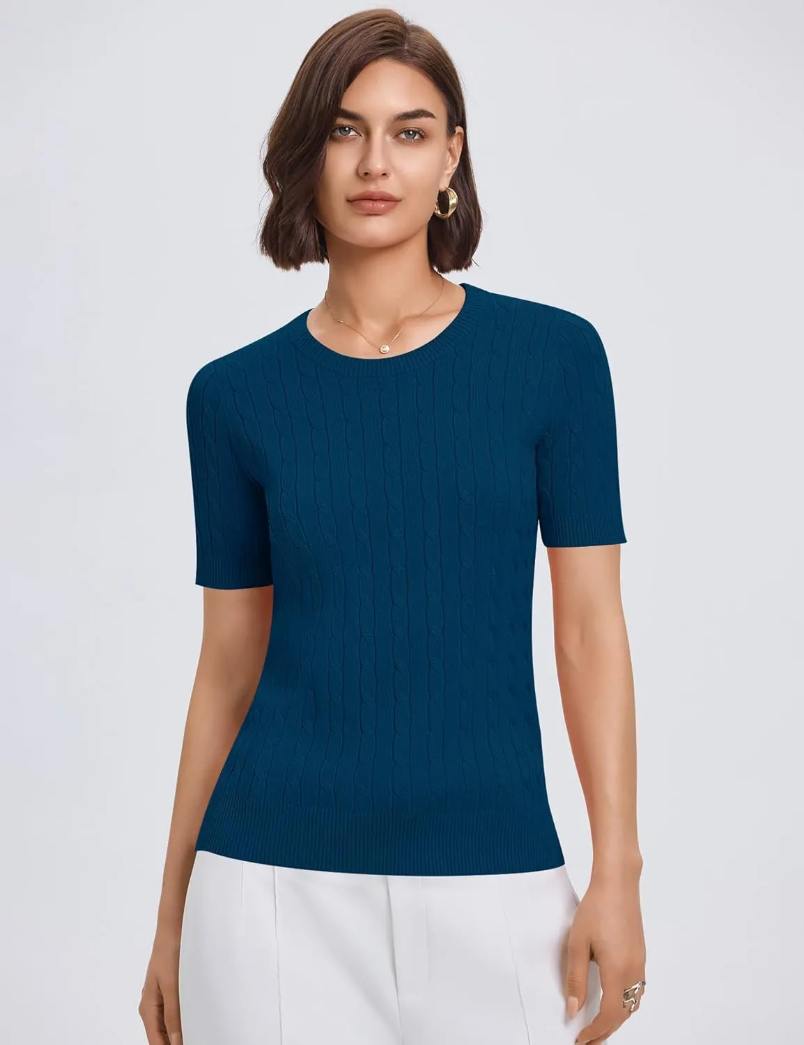 Micoson Womens Short Sleeve Cable Knit Sweater Tops Crewneck Lightweight Spring Summer Shirts Business Dressy Casual Outfits