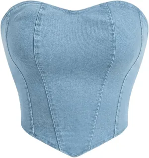 Milumia Women's Denim Tube Top Zipper Back Hanky Strapless Bandeau Jean Crop Top