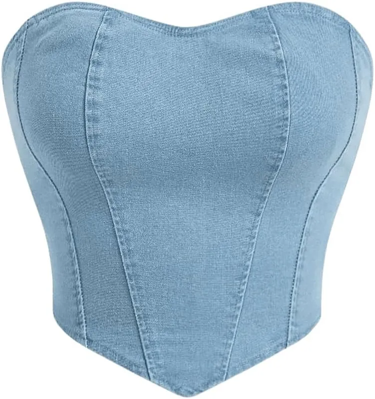 Milumia Women's Denim Tube Top Zipper Back Hanky Strapless Bandeau Jean Crop Top