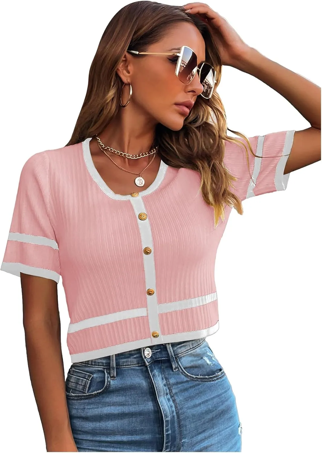 Milumia Women's Striped Button Up Cropped Short Sleeve Knit Tops
