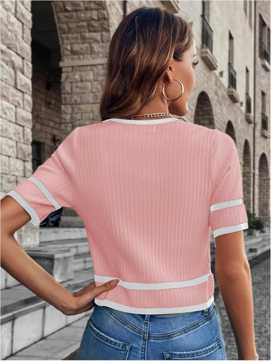Milumia Women's Striped Button Up Cropped Short Sleeve Knit Tops