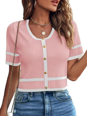 Milumia Women's Striped Button Up Cropped Short Sleeve Knit Tops
