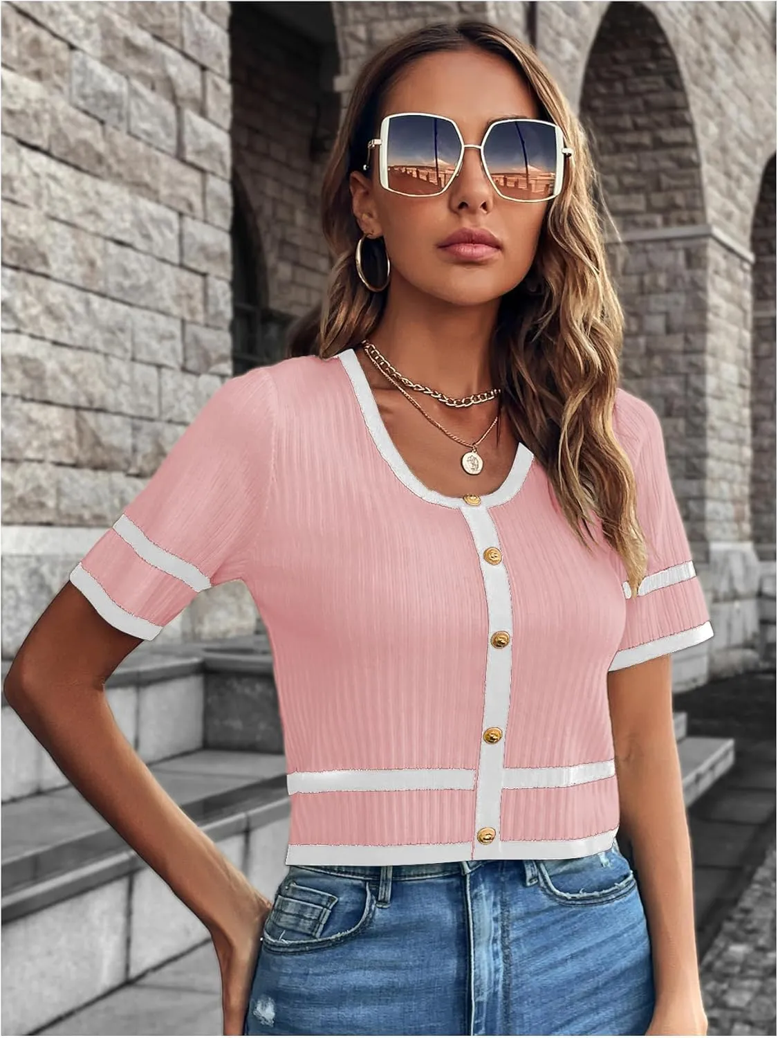 Milumia Women's Striped Button Up Cropped Short Sleeve Knit Tops
