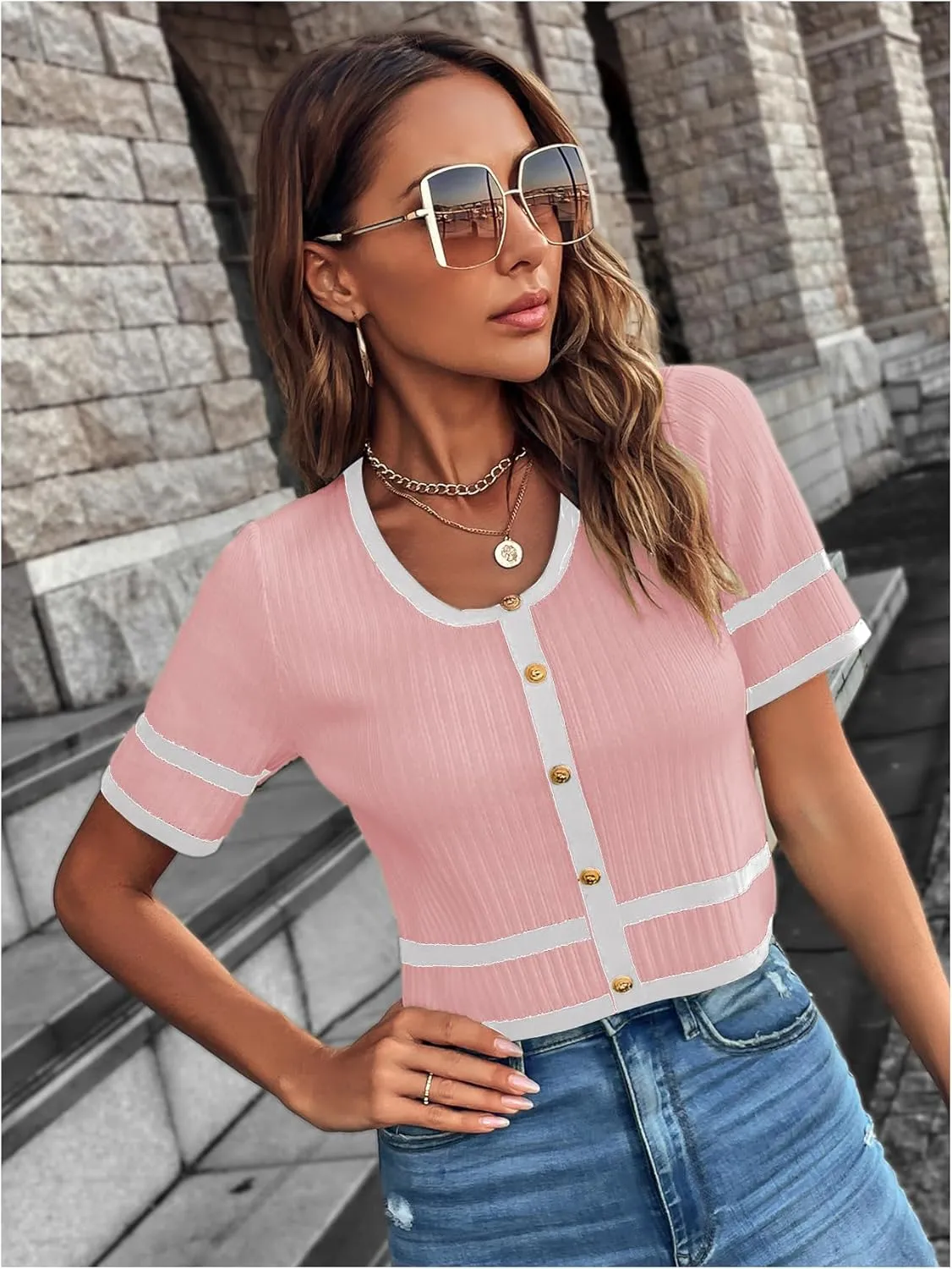 Milumia Women's Striped Button Up Cropped Short Sleeve Knit Tops