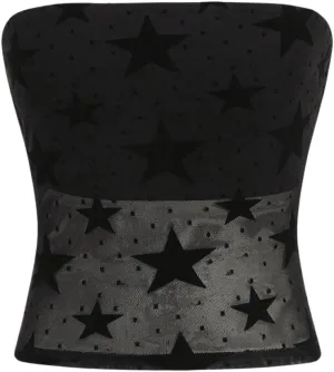 Milumia Women's Y2k Star Print Mesh Tube Top Strapless Fitted Bandeau Tank Top