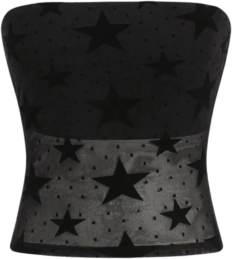 Milumia Women's Y2k Star Print Mesh Tube Top Strapless Fitted Bandeau Tank Top