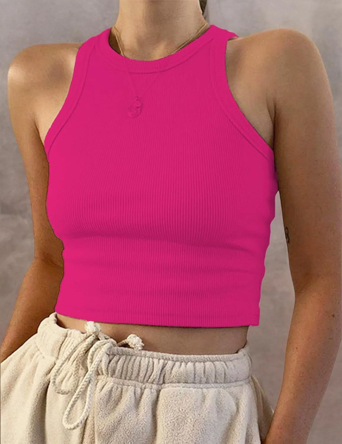 MISSACTIVER Women Basic Sleeveless Vest Crop Tank Top Casual Crew Neck Binding Crop Top
