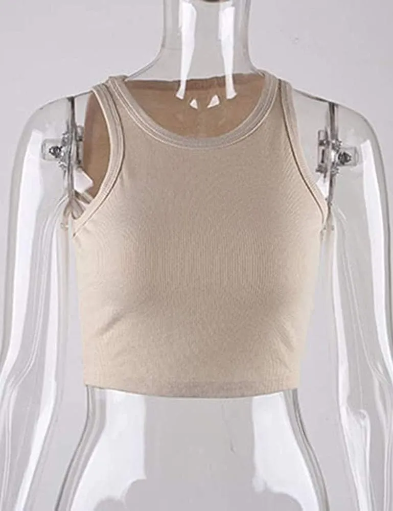 MISSACTIVER Women Basic Sleeveless Vest Crop Tank Top Casual Crew Neck Binding Crop Top