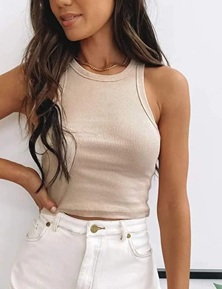 MISSACTIVER Women Basic Sleeveless Vest Crop Tank Top Casual Crew Neck Binding Crop Top