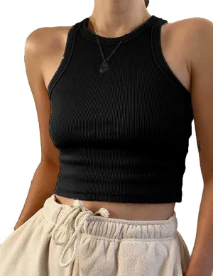 MISSACTIVER Women Basic Sleeveless Vest Crop Tank Top Casual Crew Neck Binding Crop Top