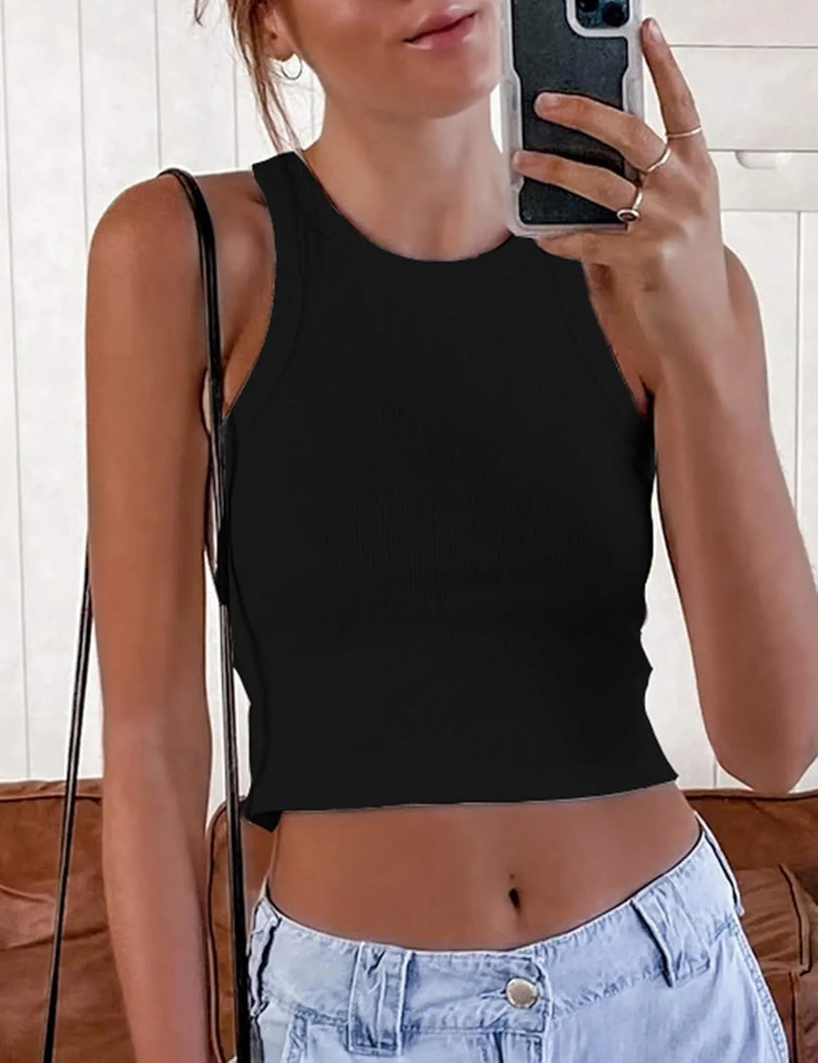 MISSACTIVER Women Basic Sleeveless Vest Crop Tank Top Casual Crew Neck Binding Crop Top