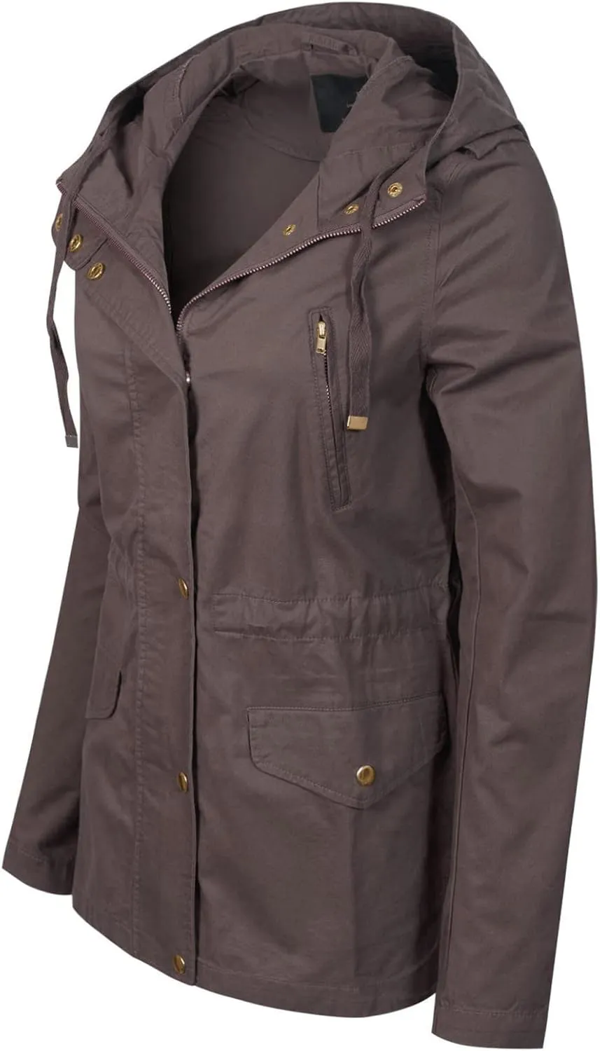 MixMatchy Women's Basic Military Anorak Jacket Zip Up Snap button Hooded Parka Safari Utility Coat with Pocket