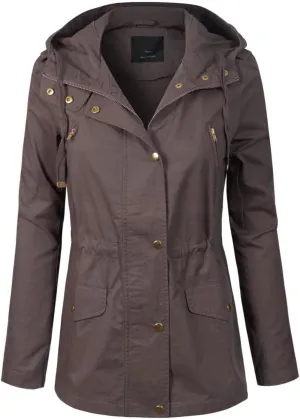 MixMatchy Women's Basic Military Anorak Jacket Zip Up Snap button Hooded Parka Safari Utility Coat with Pocket