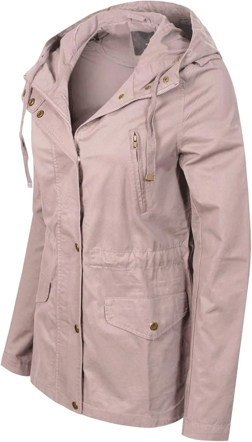 MixMatchy Women's Basic Military Anorak Jacket Zip Up Snap button Hooded Parka Safari Utility Coat with Pocket