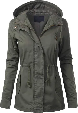 MixMatchy Women's Basic Military Anorak Jacket Zip Up Snap button Hooded Parka Safari Utility Coat with Pocket