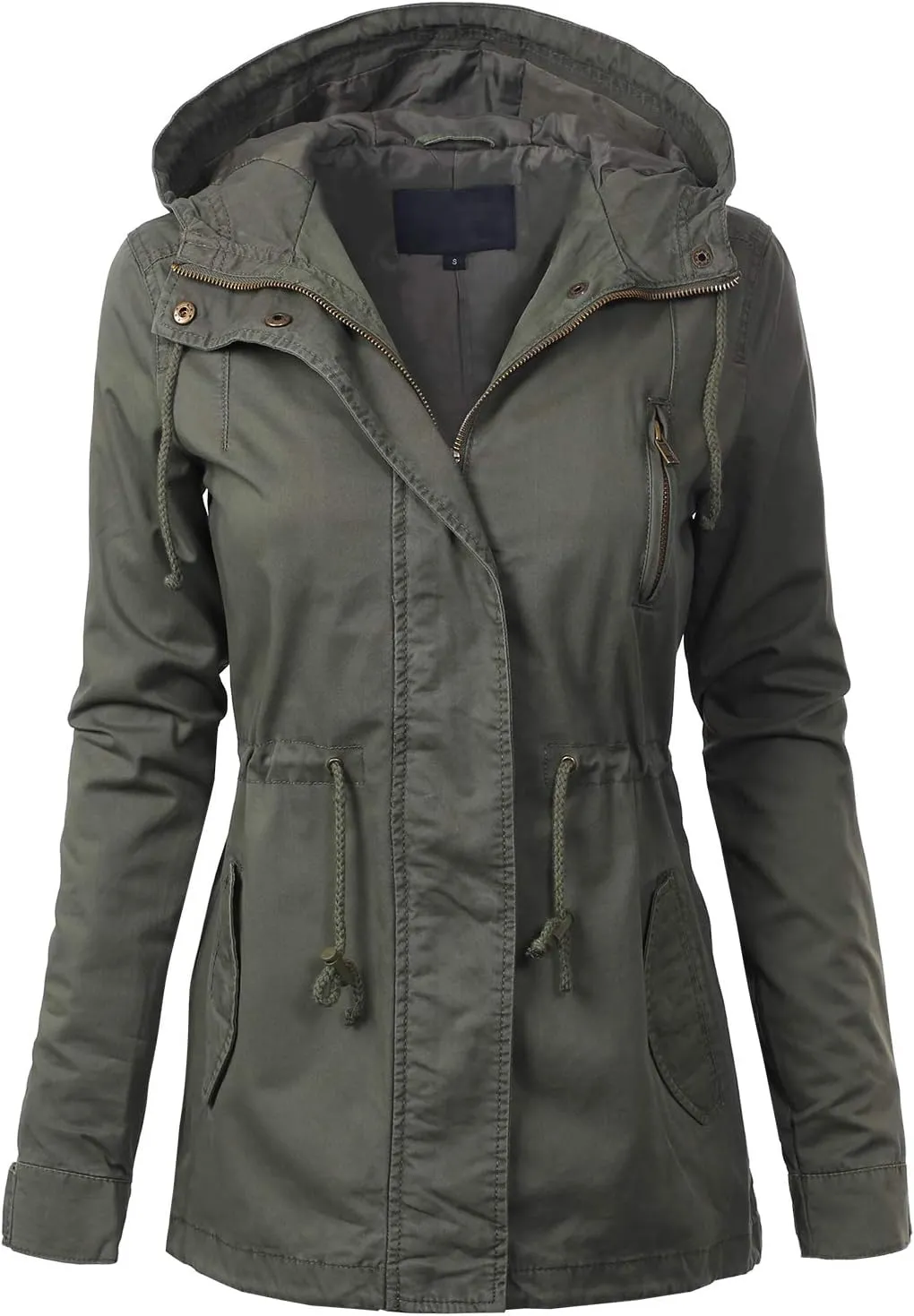 MixMatchy Women's Basic Military Anorak Jacket Zip Up Snap button Hooded Parka Safari Utility Coat with Pocket
