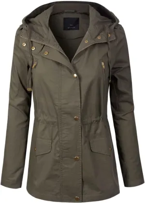 MixMatchy Women's Basic Military Anorak Jacket Zip Up Snap button Hooded Parka Safari Utility Coat with Pocket