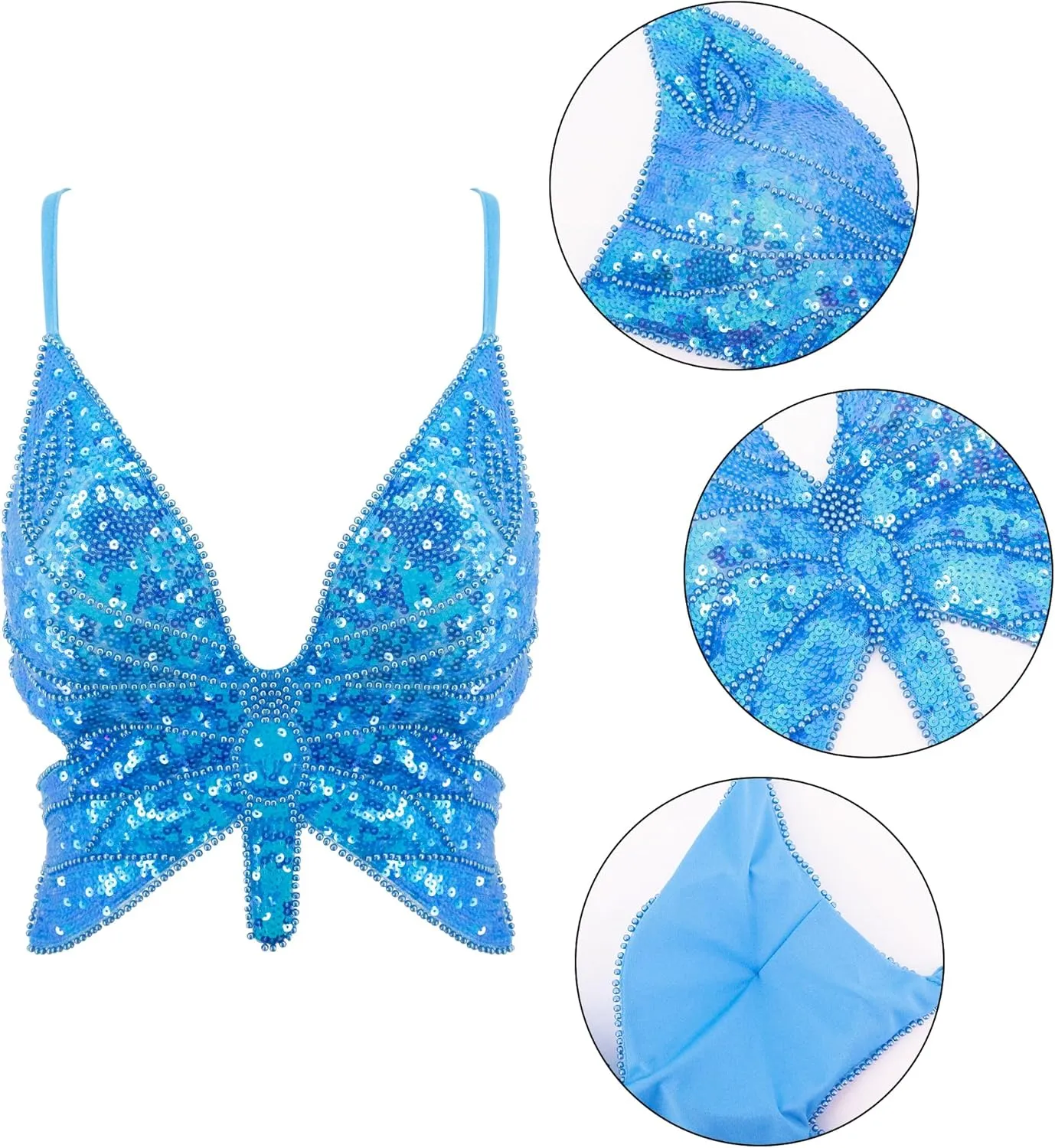 Mocure Womens Glitter Sequin Butterfly Crop Top Low-Cut Tank Top Rave Tube Vest Top for Belly Dance Costume Outfits