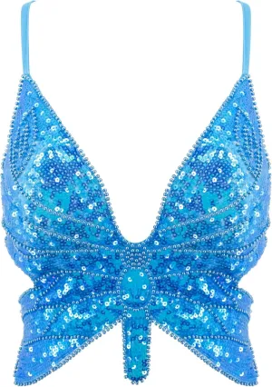 Mocure Womens Glitter Sequin Butterfly Crop Top Low-Cut Tank Top Rave Tube Vest Top for Belly Dance Costume Outfits