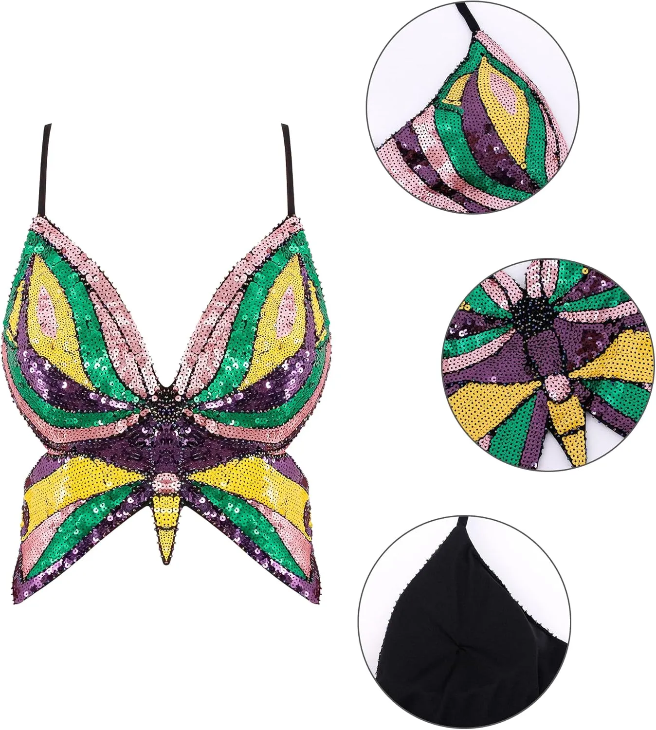 Mocure Womens Glitter Sequin Butterfly Crop Top Low-Cut Tank Top Rave Tube Vest Top for Belly Dance Costume Outfits