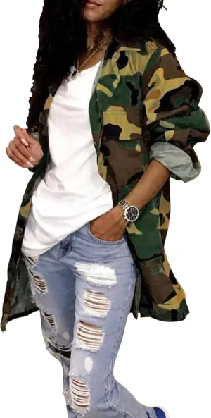Naliha Women Casual Camouflage Jacket Military Anorak Long Sleeve Coat Outfit