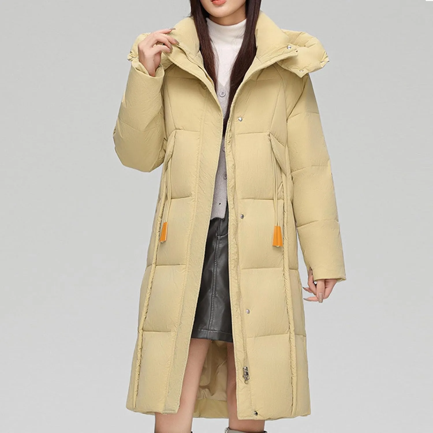 NATHGAM Long Down Coat Women Casual Turtleneck Thicken Winter Warm Hooded Puffer Coat Cotton Padded Zip Long Sleeve Outwears