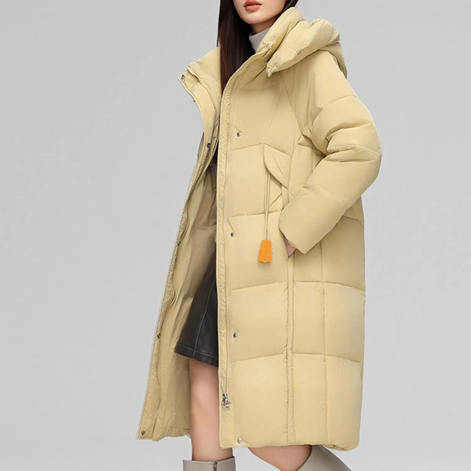 NATHGAM Long Down Coat Women Casual Turtleneck Thicken Winter Warm Hooded Puffer Coat Cotton Padded Zip Long Sleeve Outwears