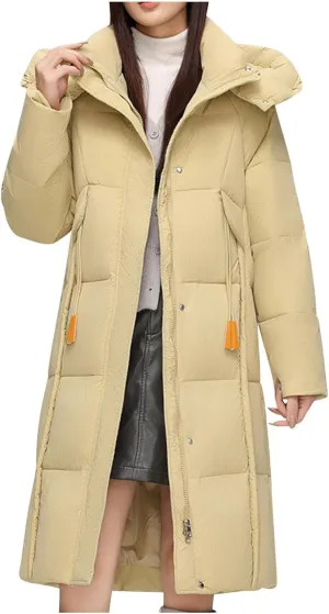 NATHGAM Long Down Coat Women Casual Turtleneck Thicken Winter Warm Hooded Puffer Coat Cotton Padded Zip Long Sleeve Outwears
