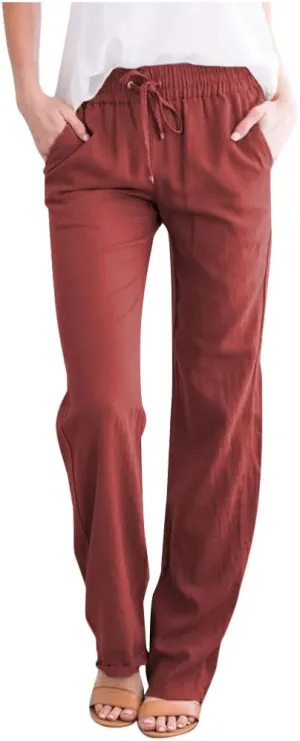 NATHGAM Women's Stretchy Wide Leg Palazzo Lounge Pants Casual Comfy High Waist Straight Leg Trouser Summer Cotton Linen Pants