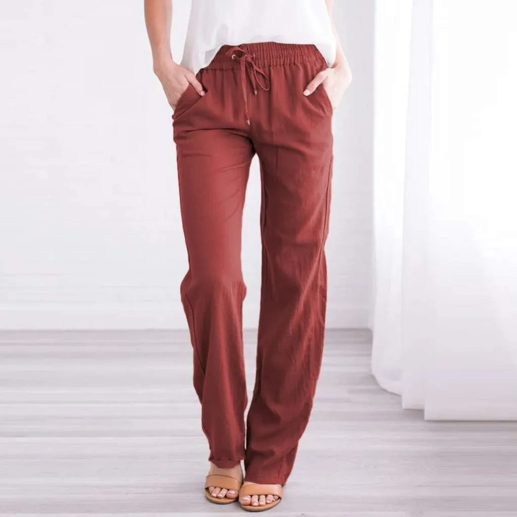NATHGAM Women's Stretchy Wide Leg Palazzo Lounge Pants Casual Comfy High Waist Straight Leg Trouser Summer Cotton Linen Pants