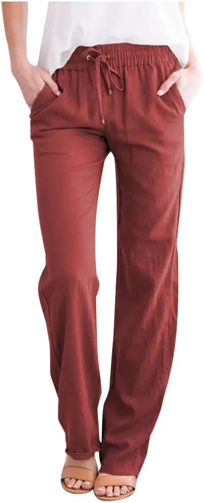 NATHGAM Women's Stretchy Wide Leg Palazzo Lounge Pants Casual Comfy High Waist Straight Leg Trouser Summer Cotton Linen Pants