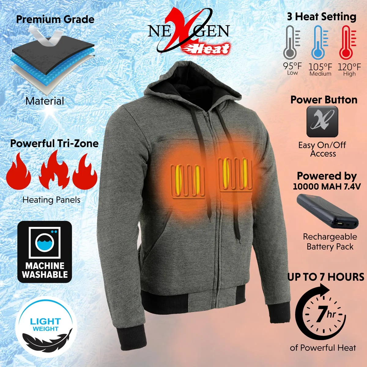 Nexgen Heat MPM1713SET Men's Fiery Heated Hoodie - Grey Zipper Front Sweatshirt Jacket for Winter w/Battery Pack