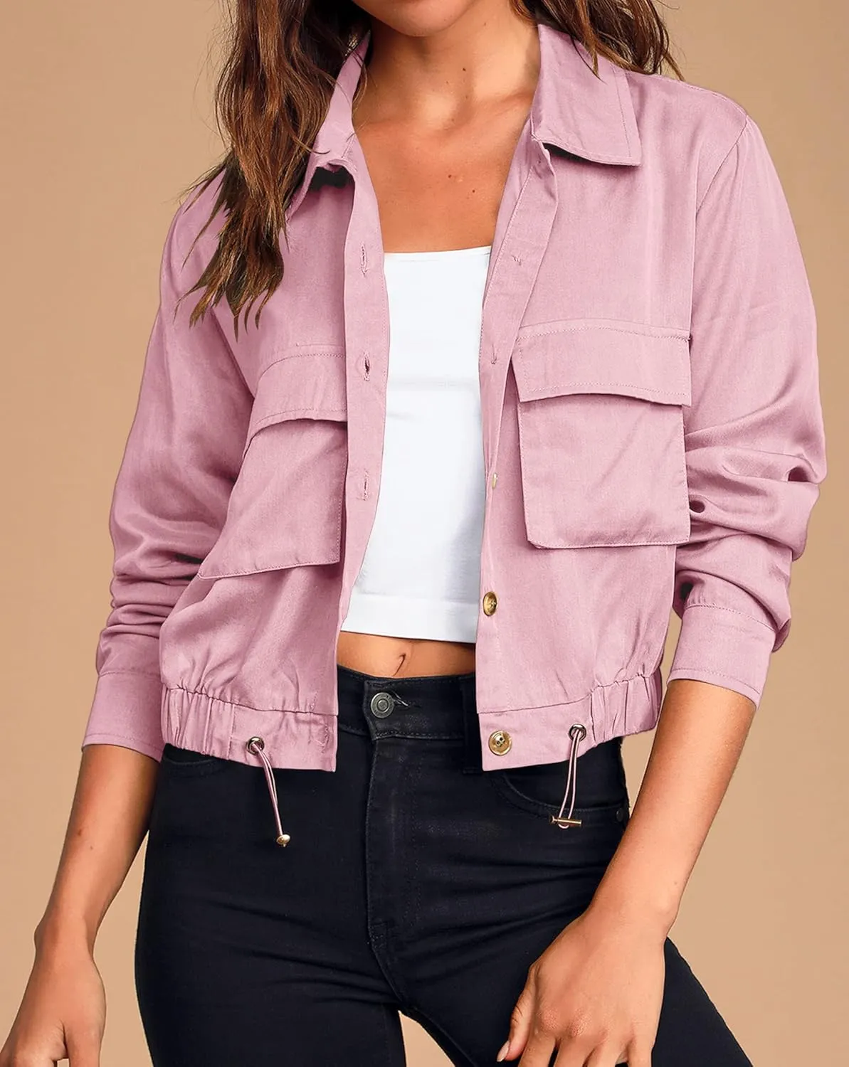 Onedreamer Women's Military Safari Cropped Jackets Button Down Lightweight Oversized Utility Anorak Coat with Pockets