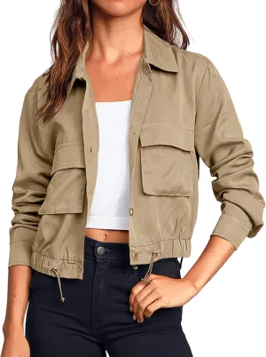Onedreamer Women's Military Safari Cropped Jackets Button Down Lightweight Oversized Utility Anorak Coat with Pockets