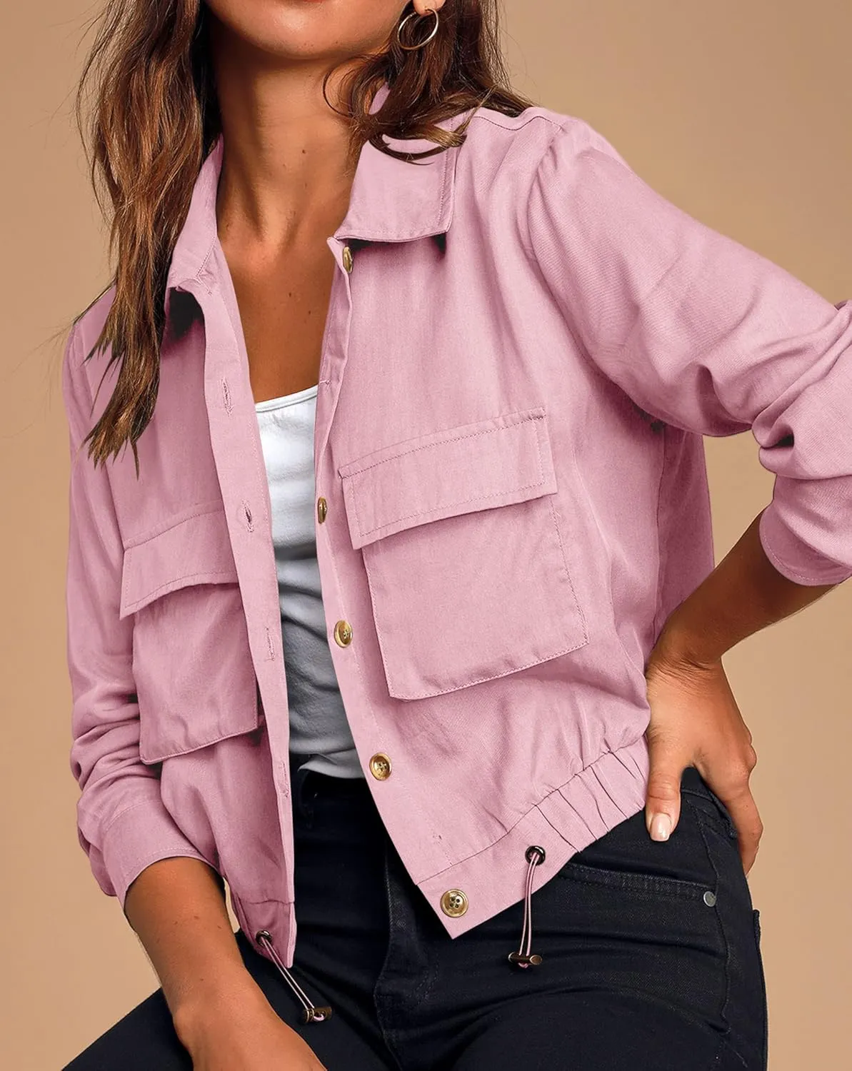 Onedreamer Women's Military Safari Cropped Jackets Button Down Lightweight Oversized Utility Anorak Coat with Pockets