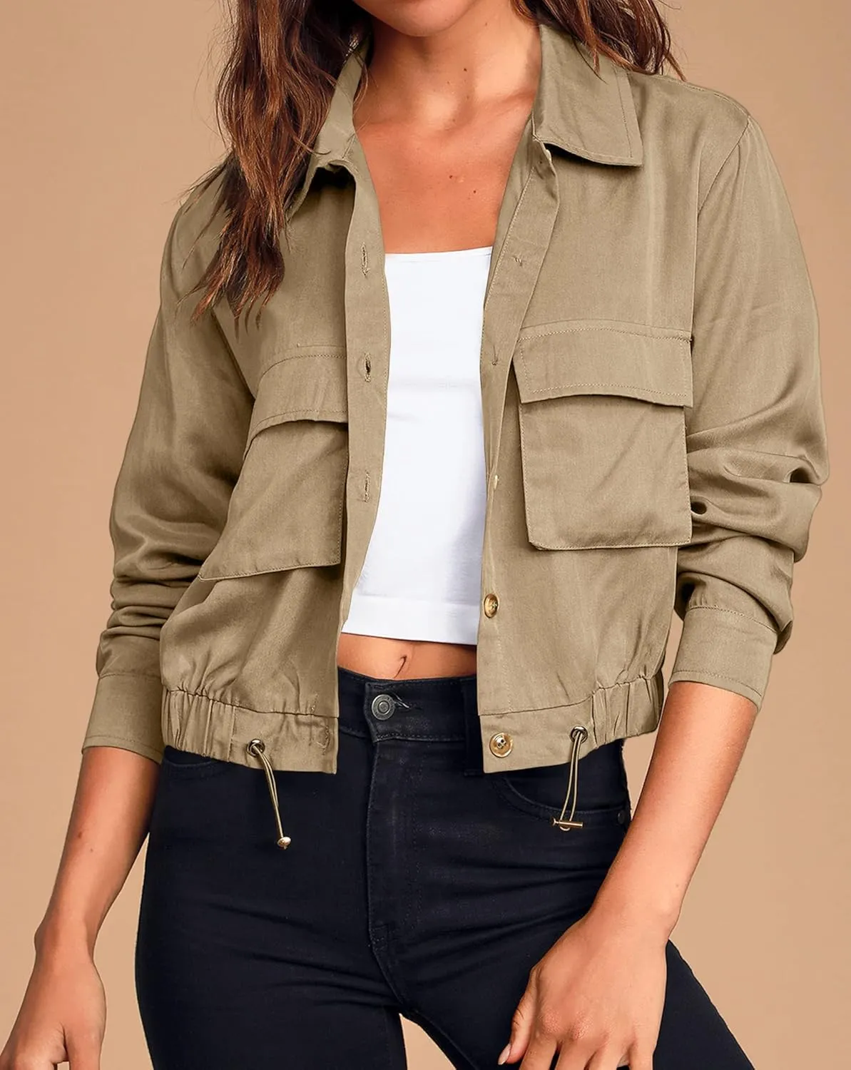 Onedreamer Women's Military Safari Cropped Jackets Button Down Lightweight Oversized Utility Anorak Coat with Pockets