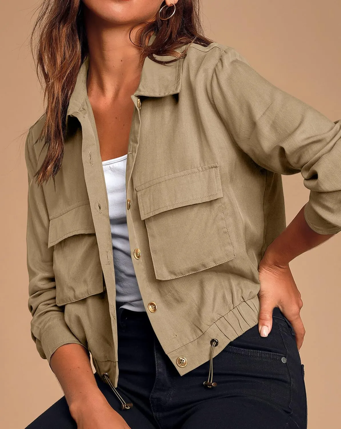 Onedreamer Women's Military Safari Cropped Jackets Button Down Lightweight Oversized Utility Anorak Coat with Pockets