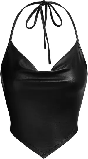 OYOANGLE Women's PU Leather Going Out Top Summer Sleeveless Draped Halter Crop Tank Cami Top