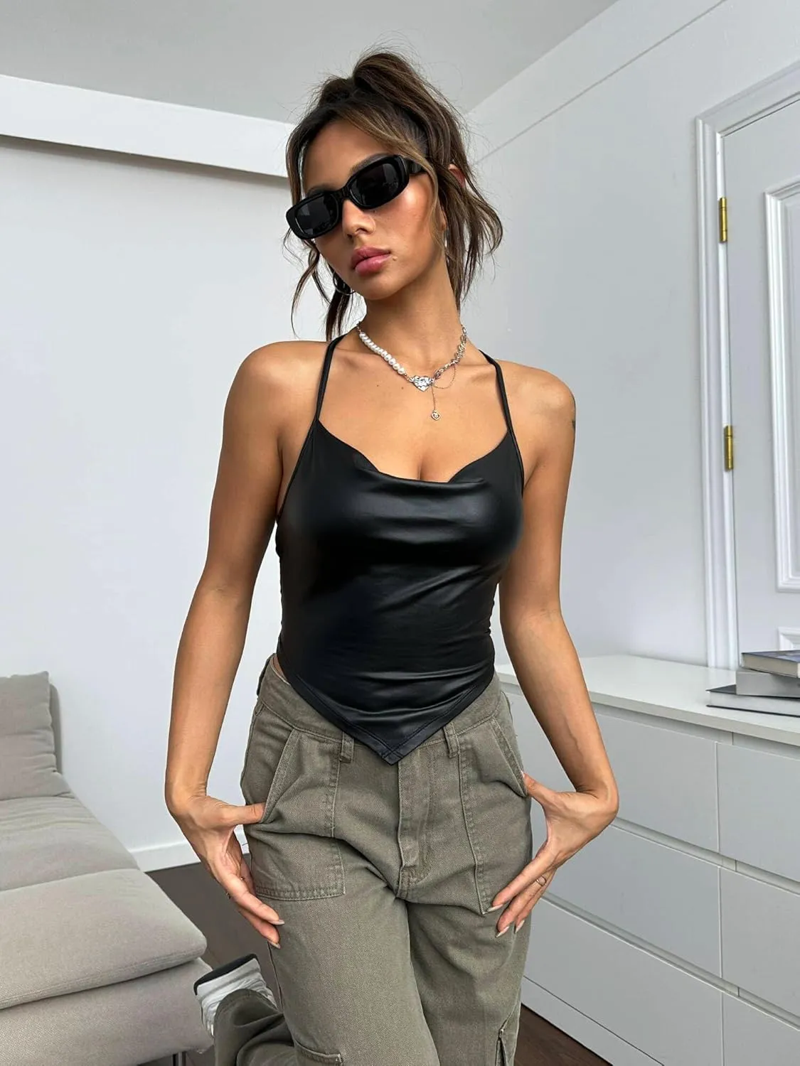 OYOANGLE Women's PU Leather Going Out Top Summer Sleeveless Draped Halter Crop Tank Cami Top