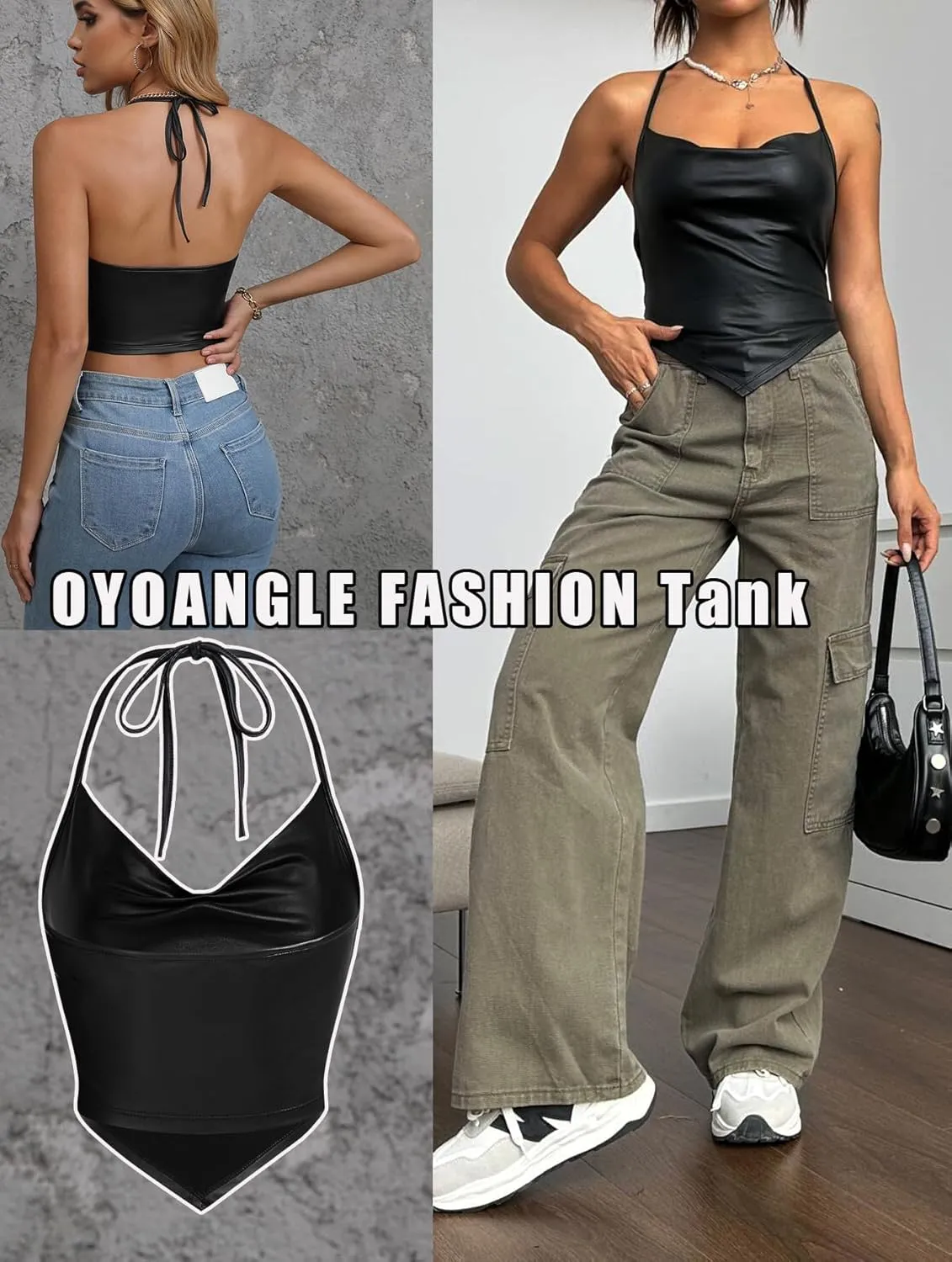OYOANGLE Women's PU Leather Going Out Top Summer Sleeveless Draped Halter Crop Tank Cami Top