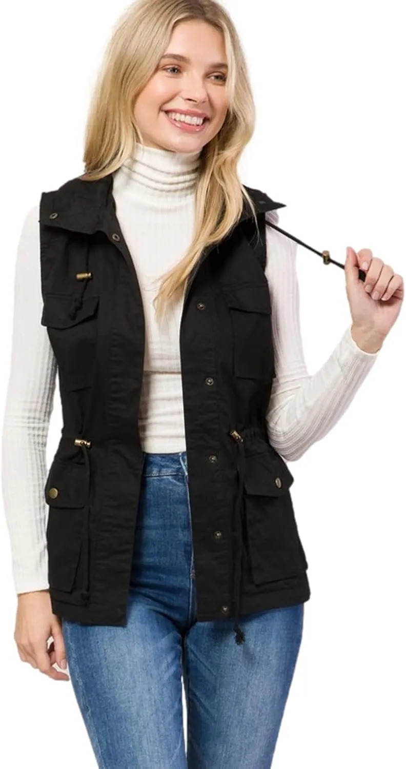 PacificPlex Womens Sleeveless Hooded Anorak Cotton Cargo Utility Safari Military Snap Fashion Vest w/Pockets